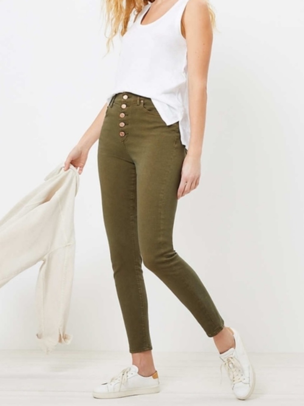 LOFT Olive Green High-Rise Button-Front Skinny Jeans